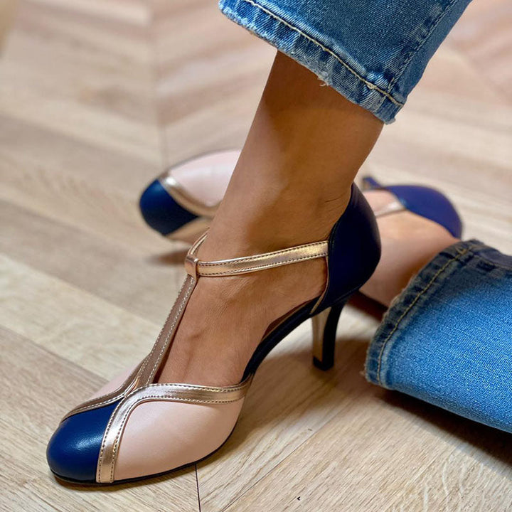 Alessia Coloured T-strap Heels with Round Toe