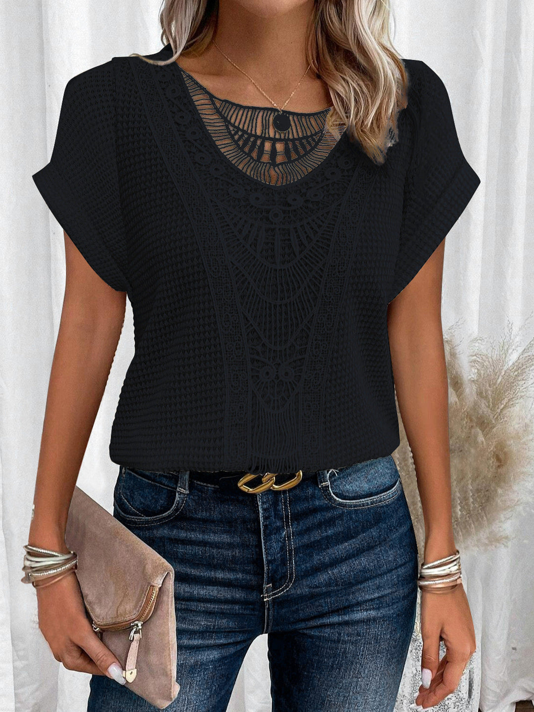 Zarelle Lace Detail Short Sleeve Top