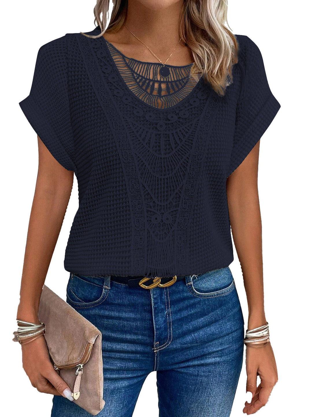 Zarelle Lace Detail Short Sleeve Top