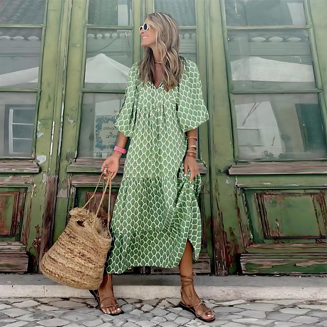 Mabel Airy High-Low Dress with Geometric Print