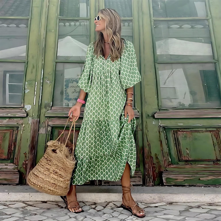Mabel Airy High-Low Dress with Geometric Print