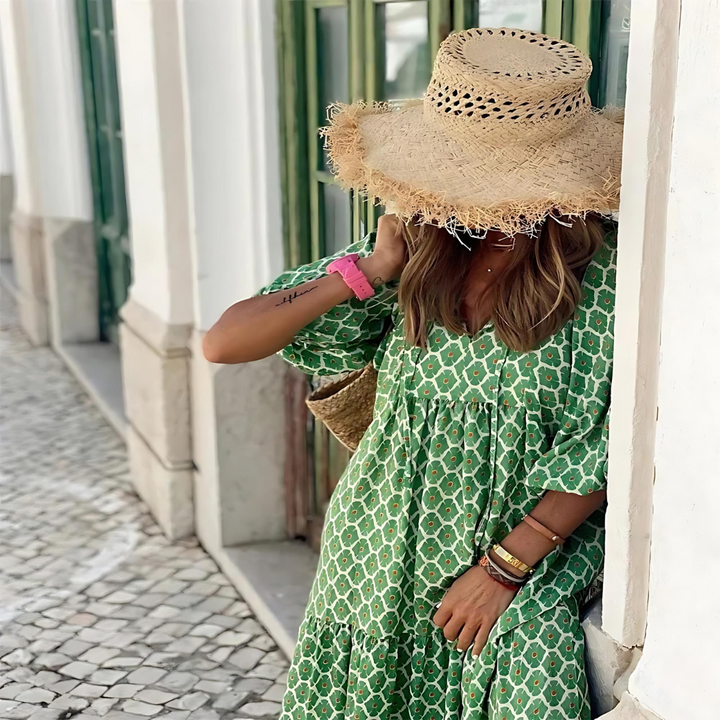 Mabel Airy High-Low Dress with Geometric Print